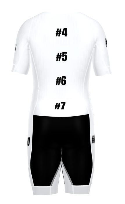 Back of race kit with shorts, positions 4 to 7